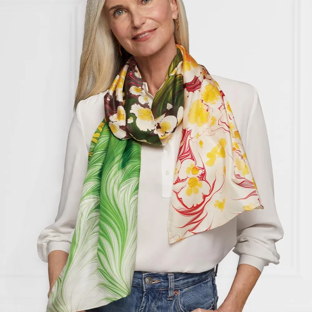 Daisy Garden Marbled Paper Oblong Silk Scarf*The Met Store Clearance