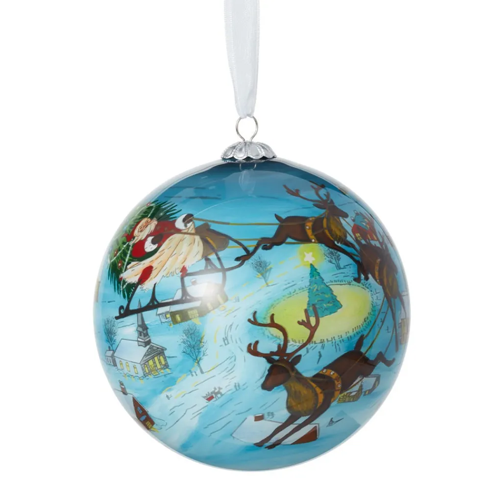 Santa and Reindeer Hand-Painted Glass Ornament*The Met Store New